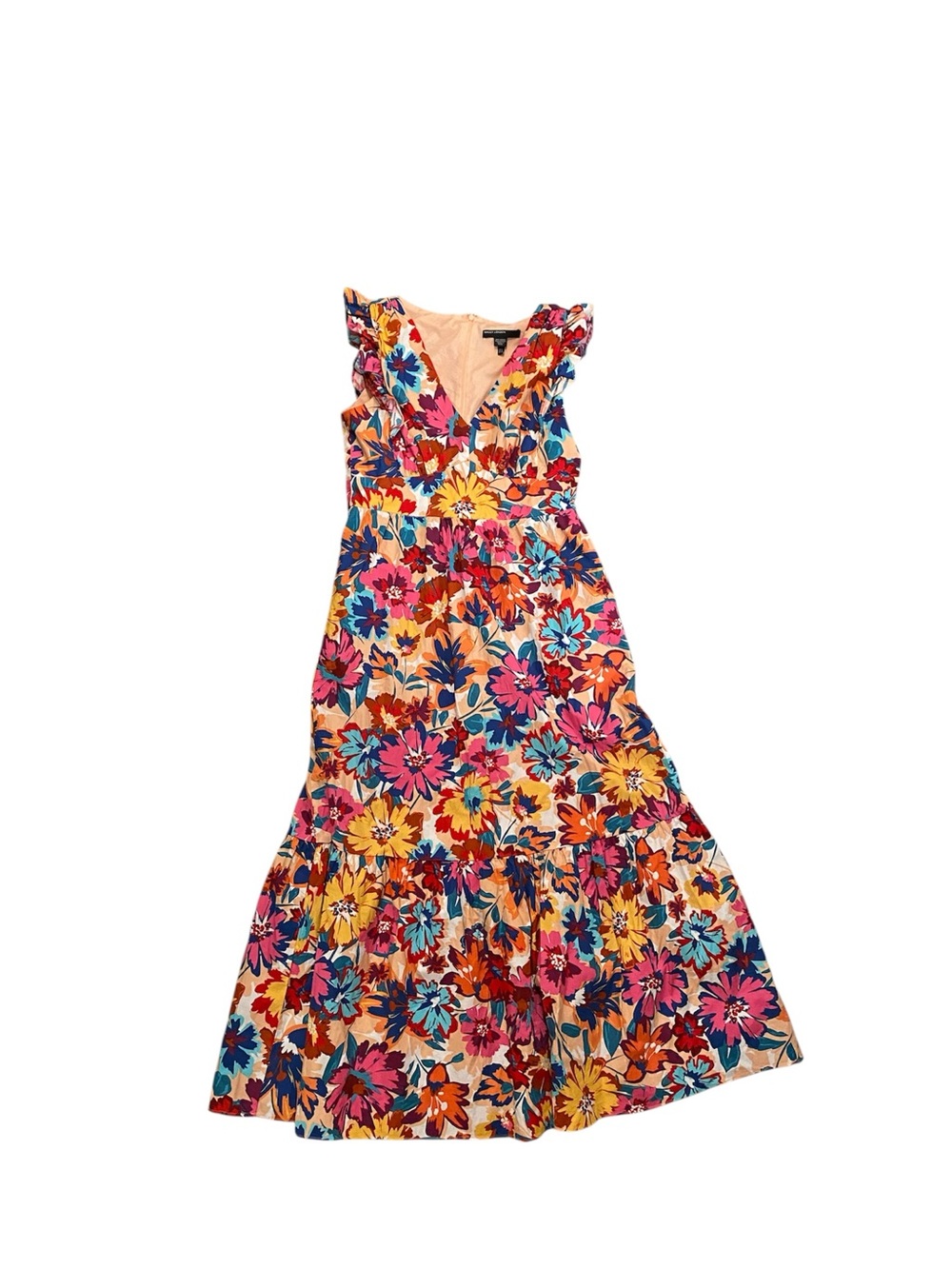 Maggy London Floral Ruffle V-Neck Maxi Dress - Pink, Yellow, Blue